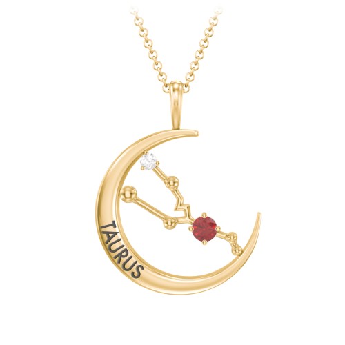 Engravable Taurus Constellation Necklace With Gemstone – 18K Gold Plated Silver with Garnet and White Premium Zirconia