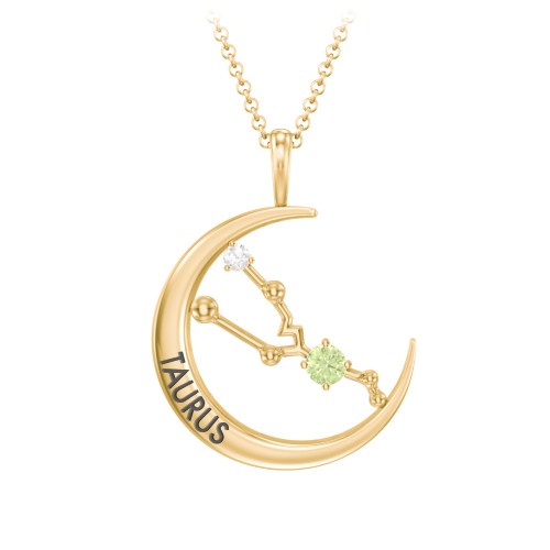 Engravable Taurus Constellation Necklace With Gemstone – 18K Gold Plated Silver with Peridot and White Premium Zirconia