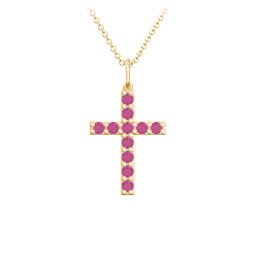 Medium Gemstone Cross Pendant in 18K Gold Plated Silver with Ruby