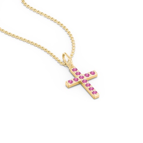 Small Gemstone Cross Pendant – 18K Gold Plated Silver with Ruby