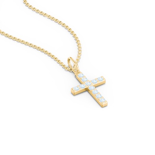 Small Gemstone Cross Pendant – 18K Gold Plated Silver with Blue Topaz