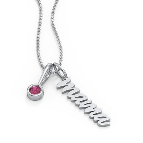 Script Mama Necklace with Birthstone Charm – Sterling Silver with Ruby