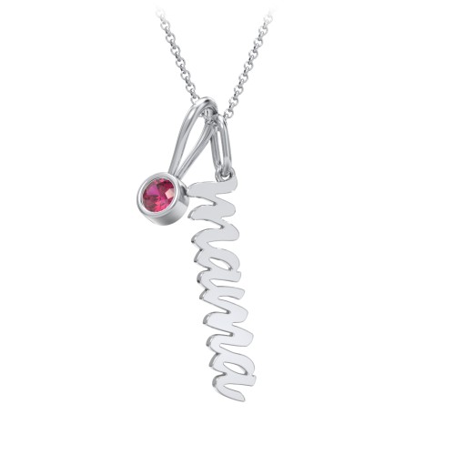 Script Mama Necklace with Birthstone Charm – Sterling Silver with Ruby