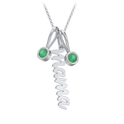 Script Mama Necklace with 2 Birthstone Charms in 925 Sterling Silver with Emerald