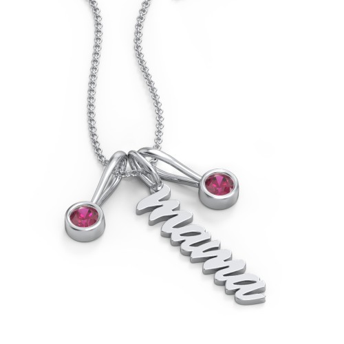 Script Mama Necklace with 2 Birthstone Charms – Sterling Silver with Ruby