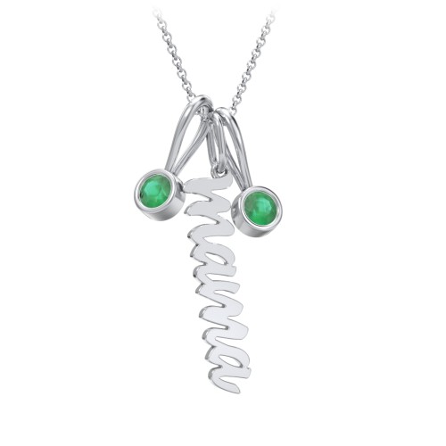 Script Mama Necklace with 2 Birthstone Charms – Sterling Silver with Emerald