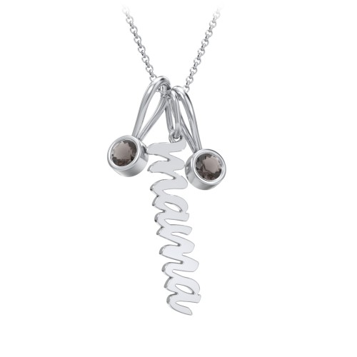 Script Mama Necklace with 2 Birthstone Charms – Sterling Silver with Smokey Quartz