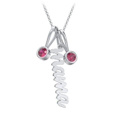 Script Mama Necklace with 2 Birthstone Charms – Sterling Silver with Ruby