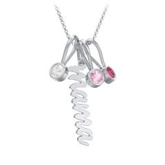 Script Mama Necklace with 3 Birthstone Charms – Sterling Silver with Opal, Pink Tourmaline, and Ruby