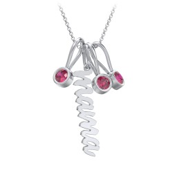 Script Mama Necklace with 3 Birthstone Charms in 925 Sterling Silver with Ruby