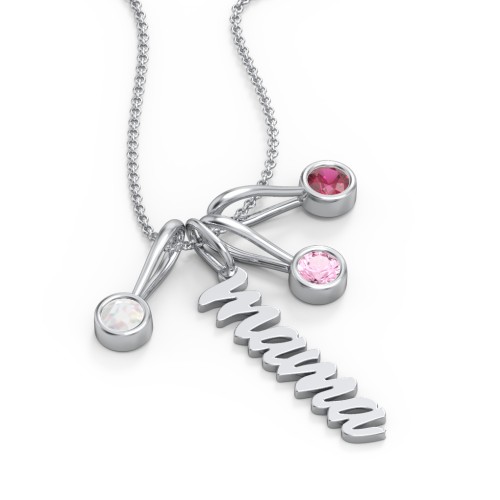 Script Mama Necklace with 3 Birthstone Charms – Sterling Silver with Opal, Pink Tourmaline, and Ruby