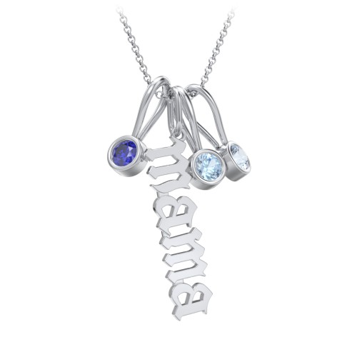 Gothic Mama Necklace with 3 Birthstone Charms – Sterling Silver with Blue Sapphire, Blue Topaz, and Aquamarine