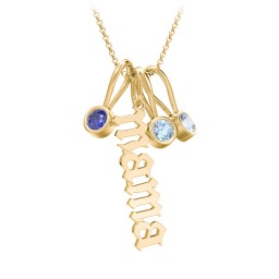 Gothic Mama Necklace with 3 Birthstone Charms in 10K Solid Yellow Gold with Blue Sapphire, Blue Topaz, and Aquamarine