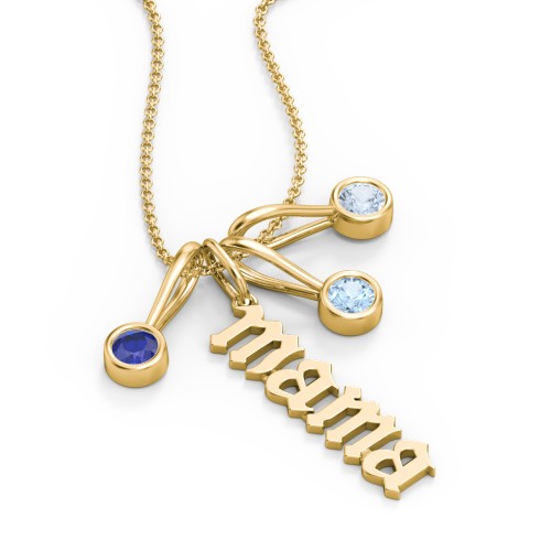 Gothic Mama Necklace with 3 Birthstone Charms – 10K Yellow Gold with Blue Sapphire, Blue Topaz, and Aquamarine