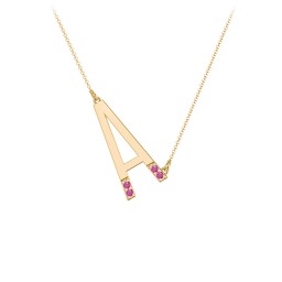 Asymmetrical Initial Necklace with Accent Stones - A in 18K Gold Plated Silver with Ruby