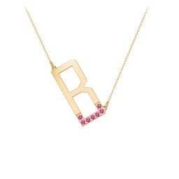 Asymmetrical Initial Necklace with Accent Stones - B in 18K Gold Plated Silver with Ruby