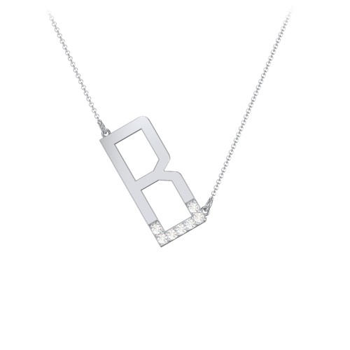 Asymmetrical Initial Necklace with Accent Stones - B – Sterling Silver with Cubic Zirconia