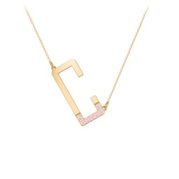 Asymmetrical Initial Necklace with Accent Stones - C in 18K Gold Plated Silver with Pink Tourmaline