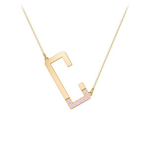 Asymmetrical Initial Necklace with Accent Stones - C – 18K Gold Plated Silver with Pink Tourmaline