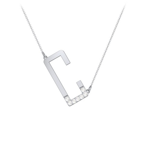Asymmetrical Initial Necklace with Accent Stones - C – Sterling Silver with Cubic Zirconia
