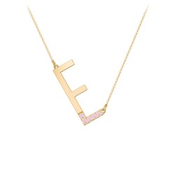 Asymmetrical Initial Necklace with Accent Stones - E in 18K Gold Plated Silver with Pink Tourmaline