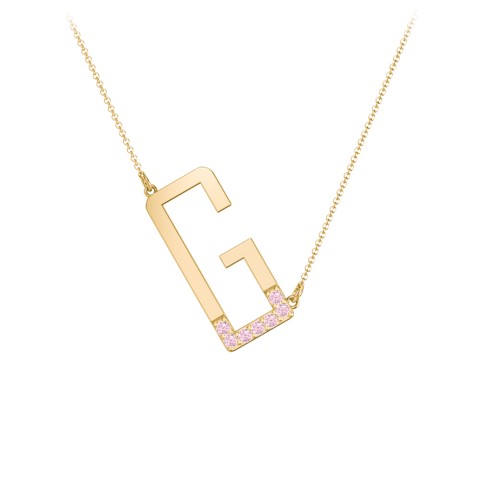 Asymmetrical Initial Necklace with Accent Stones - G – 18K Gold Plated Silver with Pink Tourmaline