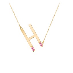 Asymmetrical Initial Necklace with Accent Stones - H in 18K Gold Plated Silver with Ruby