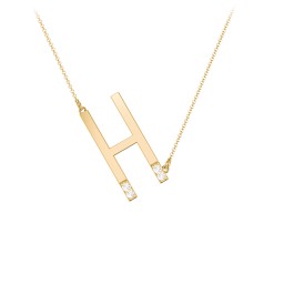 Asymmetrical Initial Necklace with Accent Stones - H in 18K Gold Plated Silver with Cubic Zirconia