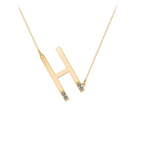 Asymmetrical Initial Necklace with Accent Stones - H – 18K Gold Plated Silver with Smokey Quartz