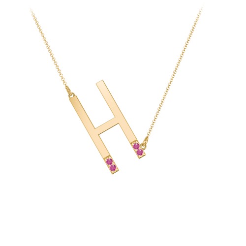 Asymmetrical Initial Necklace with Accent Stones - H – 18K Gold Plated Silver with Ruby
