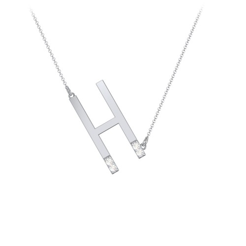 Asymmetrical Initial Necklace with Accent Stones - H – Sterling Silver with Cubic Zirconia