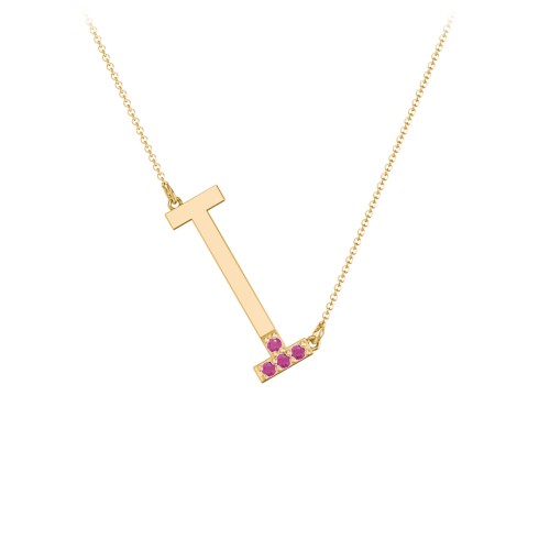 Asymmetrical Initial Necklace with Accent Stones - I – 18K Gold Plated Silver with Ruby