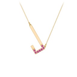 Asymmetrical Initial Necklace with Accent Stones - J in 18K Gold Plated Silver with Ruby
