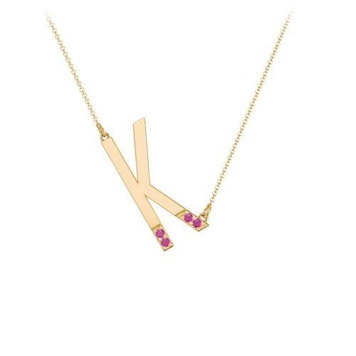Asymmetrical Initial Necklace with Accent Stones - K – 18K Gold Plated Silver with Ruby