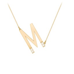 Asymmetrical Initial Necklace with Accent Stones - M in 18K Gold Plated Silver with Cubic Zirconia