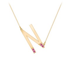 Asymmetrical Initial Necklace with Accent Stones - N in 18K Gold Plated Silver with Ruby