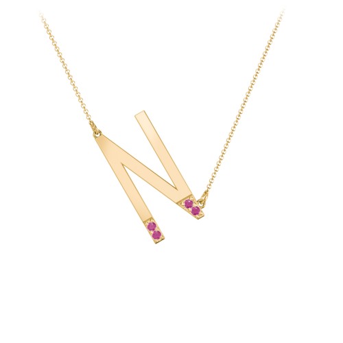 Asymmetrical Initial Necklace with Accent Stones - N – 18K Gold Plated Silver with Ruby