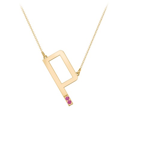 Asymmetrical Initial Necklace with Accent Stones - P – 18K Gold Plated Silver with Ruby