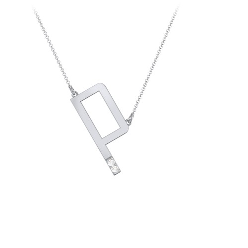 Asymmetrical Initial Necklace with Accent Stones - P – Sterling Silver with Cubic Zirconia