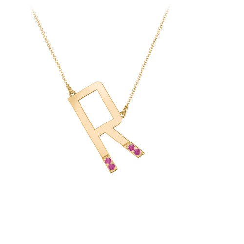 Asymmetrical Initial Necklace with Accent Stones - R – 18K Gold Plated Silver with Ruby