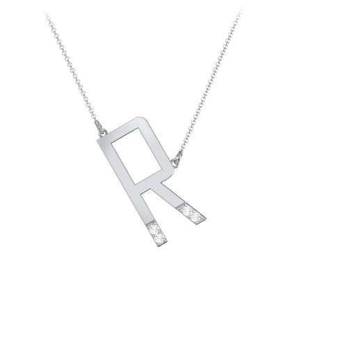 Asymmetrical Initial Necklace with Accent Stones - R – Sterling Silver with Cubic Zirconia