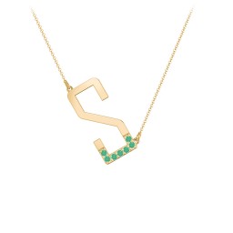Asymmetrical Initial Necklace with Accent Stones - S in 18K Gold Plated Silver with Emerald
