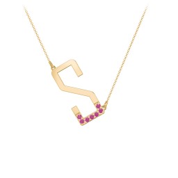 Asymmetrical Initial Necklace with Accent Stones - S in 18K Gold Plated Silver with Ruby