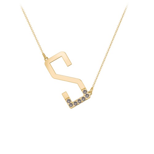 Asymmetrical Initial Necklace with Accent Stones - S – 18K Gold Plated Silver with Smokey Quartz