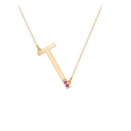 Asymmetrical Initial Necklace with Accent Stones - T in 18K Gold Plated Silver with Ruby