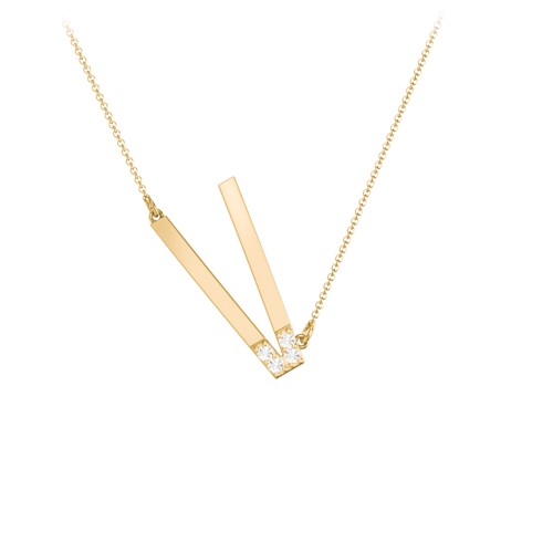 Asymmetrical Initial Necklace with Accent Stones - V – 18K Gold Plated Silver with Cubic Zirconia