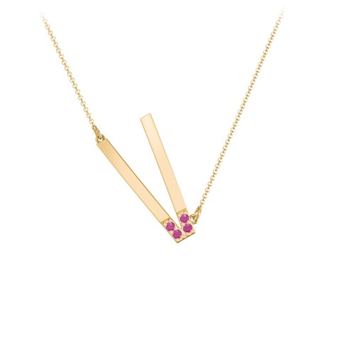Asymmetrical Initial Necklace with Accent Stones - V – 18K Gold Plated Silver with Ruby