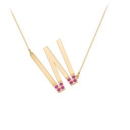 Asymmetrical Initial Necklace with Accent Stones - W in 18K Gold Plated Silver with Ruby