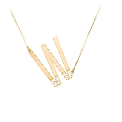 Asymmetrical Initial Necklace with Accent Stones - W – 18K Gold Plated Silver with Cubic Zirconia