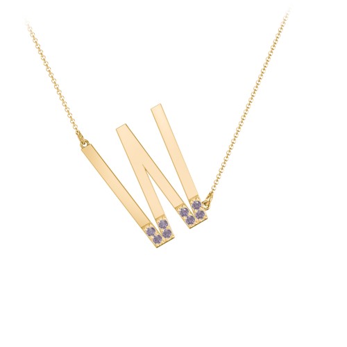 Asymmetrical Initial Necklace with Accent Stones - W – 18K Gold Plated Silver with Alexandrite